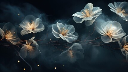 Unusual, glowing flowers at night amidst the smoke