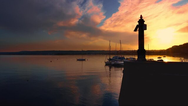 Landscape at sunset on the port of Angera Italy