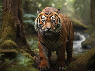 Obraz premium Regal Presence: A Majestic Tiger Standing Tall in the Enchanting Forest