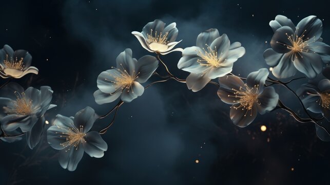 Unusual, glowing flowers at night amidst the smoke