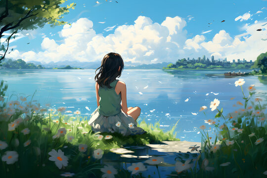 Digital anime style art painting of a man sitting with flowers in front of a beautiful lake