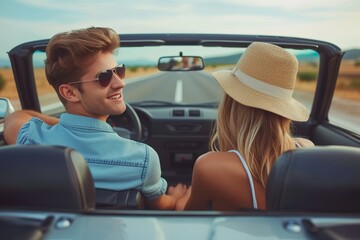 A stylish couple drives under the bright sky, their fashionable accessories reflecting in the car's rearview mirror as they enjoy the open road in their convertible