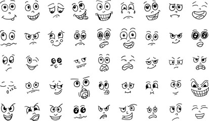 doodle emoticons, expressive eyes and mouth, crying, laughing, scared emotions, vector icons set