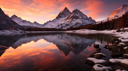 panoramic view of snow capped mountains reflected in lake at sunset