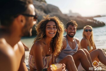 A joyful group of vacationers, with smiling faces and colorful swimwear, enjoying the warm summer sun and crystal clear water on a picturesque beach surrounded by majestic mountains - obrazy, fototapety, plakaty