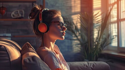 a young, beautiful woman wearing headphones, lost in the melody of her favorite music, amidst the contemporary ambiance of her modern living room at home.