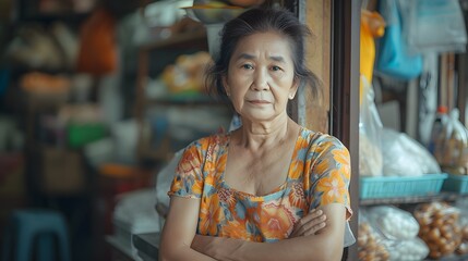Thai Elderly Woman Standing Proudly in Front of a Traditional Shop