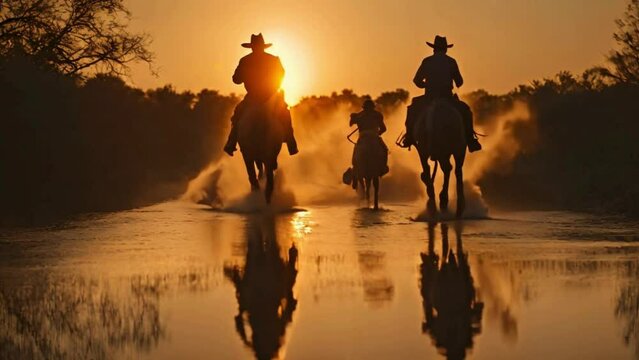 Cowboys Running Into The Golden Sunset At Dusk