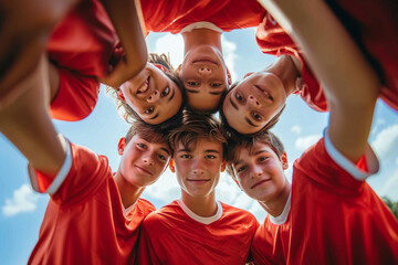 A group of smiling young boys wearing matching red shirts stand happily under the bright blue sky, showcasing their strong bond as teammates and the joy of playing together outdoors - obrazy, fototapety, plakaty