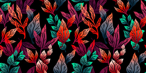 Stylized abstract seamless pattern with leaves and branches for fabric design, packaging and wallpaper.