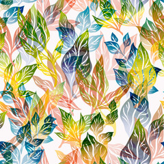 Stylized abstract seamless pattern with leaves and branches for fabric design, packaging and wallpaper.