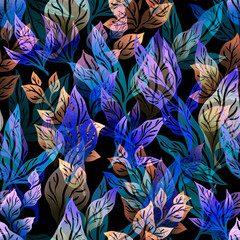 Stylized abstract seamless pattern with leaves and branches for fabric design, packaging and wallpaper.