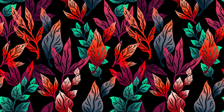 Stylized abstract seamless pattern with leaves and branches for fabric design, packaging and wallpaper.