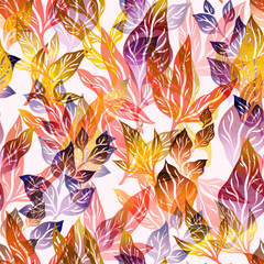Stylized abstract seamless pattern with leaves and branches for fabric design, packaging and wallpaper.