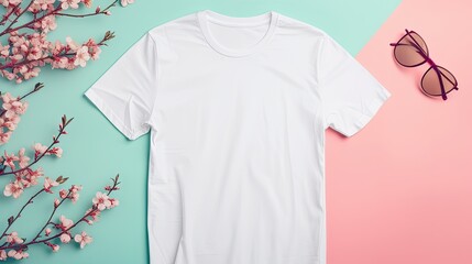 a white t-shirt mockup featuring a blank shirt template, adorned with vibrant spring accessories against a soft pastel background, perfect for conveying a fresh and seasonal style.