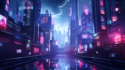 Night city panorama with neon lights. 3d rendering, 3d illustration.