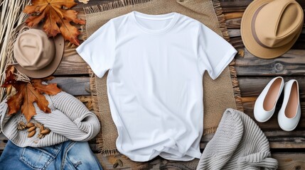 a white t-shirt mockup with a blank shirt template photo, featuring stylish fall accessories against a rustic burlap background for a trendy and seasonal aesthetic.