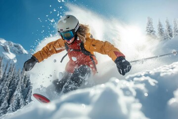 A fearless skier braves the snowy slope, carving their way through the mountain's glacial terrain, equipped with goggles, helmet, and ski poles for the ultimate outdoor winter adventure