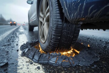 A blazing inferno engulfs a stranded car, its tire trapped in a gaping pothole on a snowy street, a fiery contrast against the serene winter sky - obrazy, fototapety, plakaty