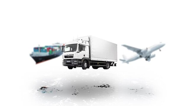 Animated rotation of Cargo ship, plane, cargo truck and logistics vehicles. International logistics and transportation industry