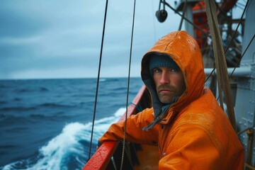 Amidst the vast blue sea, a lone figure in an orange raincoat braves the elements on a boat, symbolizing resilience and preparedness in the face of unknown waters