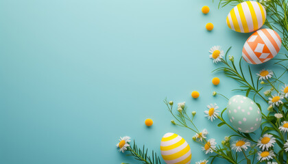 easter theme with patterned eggs and chamomile on a pastel blue background for spring festivities