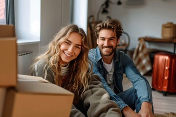A smiling man and woman sit on the floor in a cozy indoor space, their faces radiating warmth as they lean against a textured wall, surrounded by scattered furniture and stylish clothing