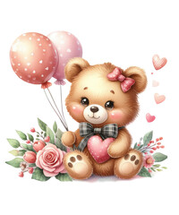 Cute teddy bear with balloons in floral decoration. Valentine's Day. Watercolor illustration isolated on transparent background