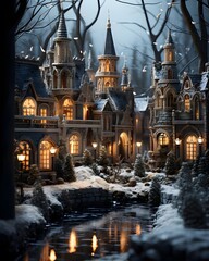 Fototapeta na wymiar Winter wonderland. Fairy-tale castle in the forest. Fairy-tale castle in winter.