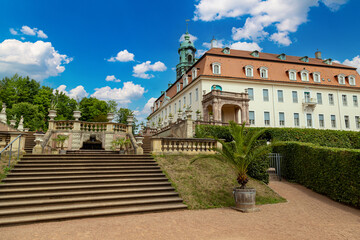 Fototapeta na wymiar View of old Lichtenwalde Palace and Park outdoors. Saxony. Germany