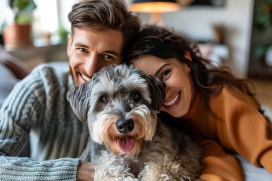 A devoted couple and their lovable poodle crossbreed enjoy the comfort of their indoor space, a heartwarming depiction of the special bond between humans and their faithful companion dogs
