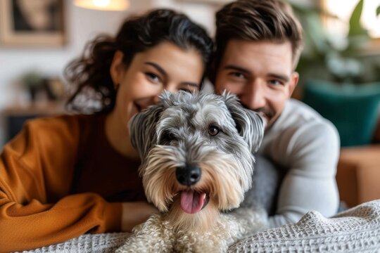 A couple and their beloved schnoodle enjoying a cozy indoor moment, showcasing the strong bond between human and canine companions