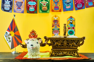 Losar Tibetan New Year. A Chemar box for Tibetan New Year with roasted barley and barley flour.