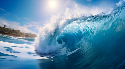 Naklejka premium Powerful wave crests under moody sky, capturing ocean untamed beauty.