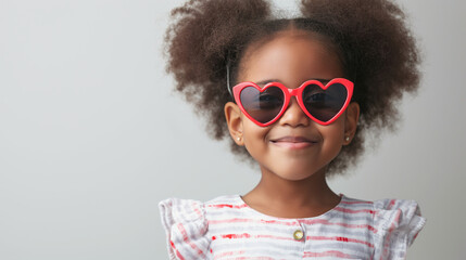 Obraz premium Happy smiling African American little girl with heart shaped eye glasses on white background with copy space. Happy childhood, funny kid celebration holidays.
