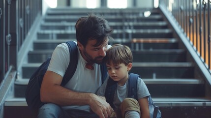 Father consoling his little son on his first day of school, sitting on stair and saying goodbye before school. - obrazy, fototapety, plakaty
