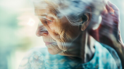Abstract image of an elderly woman suffering from loneliness of dementia alzheimers mental disorder, degenerative disease - obrazy, fototapety, plakaty