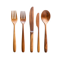 Wooden Cutlery Set (Spoon, Fork, Knife) - Artwork Design Mockup, Isolated on Transparent Background, PNG