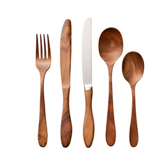 Artwork Design Mockup: Wooden Spoon, Fork, Knife in Cutlery Set, Isolated on Transparent Background, PNG