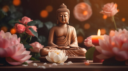 Concept statue Buddha with water lily or lotus flower, beautiful banner. Vesak day birthday, Buddhist lent. - obrazy, fototapety, plakaty