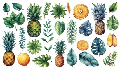 Watercolor collection Food Illustration with fresh Fruits  - obrazy, fototapety, plakaty