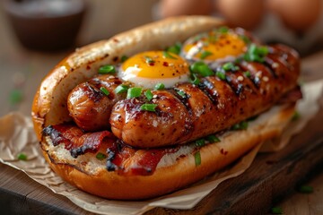 Indulge in the ultimate american comfort food with a mouthwatering hot dog topped with a crispy fried egg and savory bacon, all nestled in a warm bun for the perfect hand-held meal