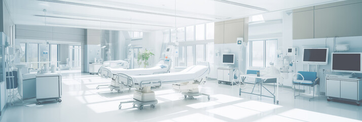 Bright, sunlit hospital room with medical equipment and empty bed, med banner interior.