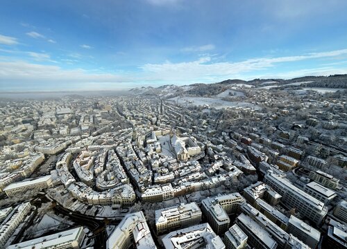 Aerial Dronephoto of city saint gallen at winter. You can see the monastery too.