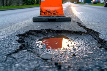 Nature's obstacles interrupt the smooth flow of the road, as a traffic cone stands guard over the gaping pothole, its tar-stained edges reflecting the shimmer of water in the sunlight - obrazy, fototapety, plakaty