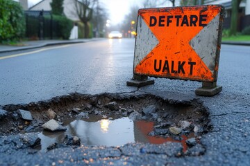 Amidst the serene outdoor scenery of towering trees and paved streets, a lone pothole disrupts the smooth tar surface, marked by a warning sign as a reminder of the treacherous ground beneath