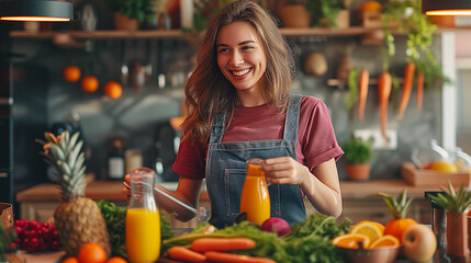 smiling , looking healthy woman making fruit juice  included beetroot, kale, avocado, celery, ai generated image - obrazy, fototapety, plakaty