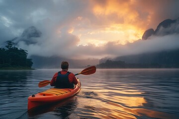 As the red sun sets behind the clouds, a lone figure in a sea kayak glides peacefully across the still waters of the lake, surrounded by the beauty and serenity of the great outdoors