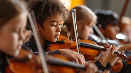 Diverse children at music class playing violin, the harmony of a music class, with students playing instruments.