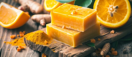 Organic soap with oranges and turmeric on a wooden background, representing eco-friendly aesthetics. - obrazy, fototapety, plakaty
